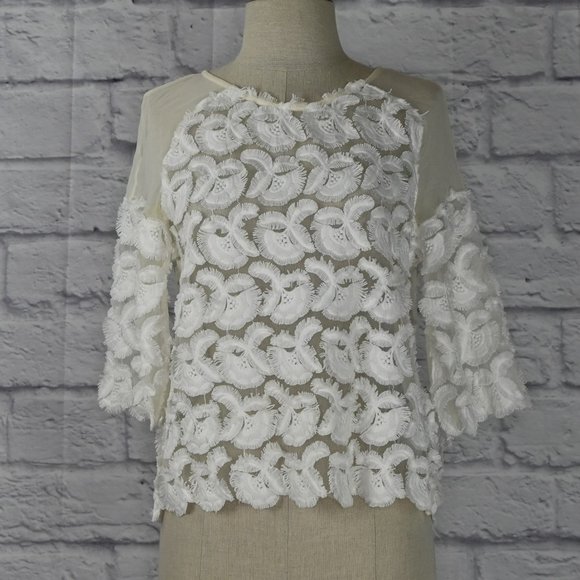 Maje Tops - MAJE-White Logan Rosette Applique Embroidered Sheer Blouse 3/4 Flared Sleeves